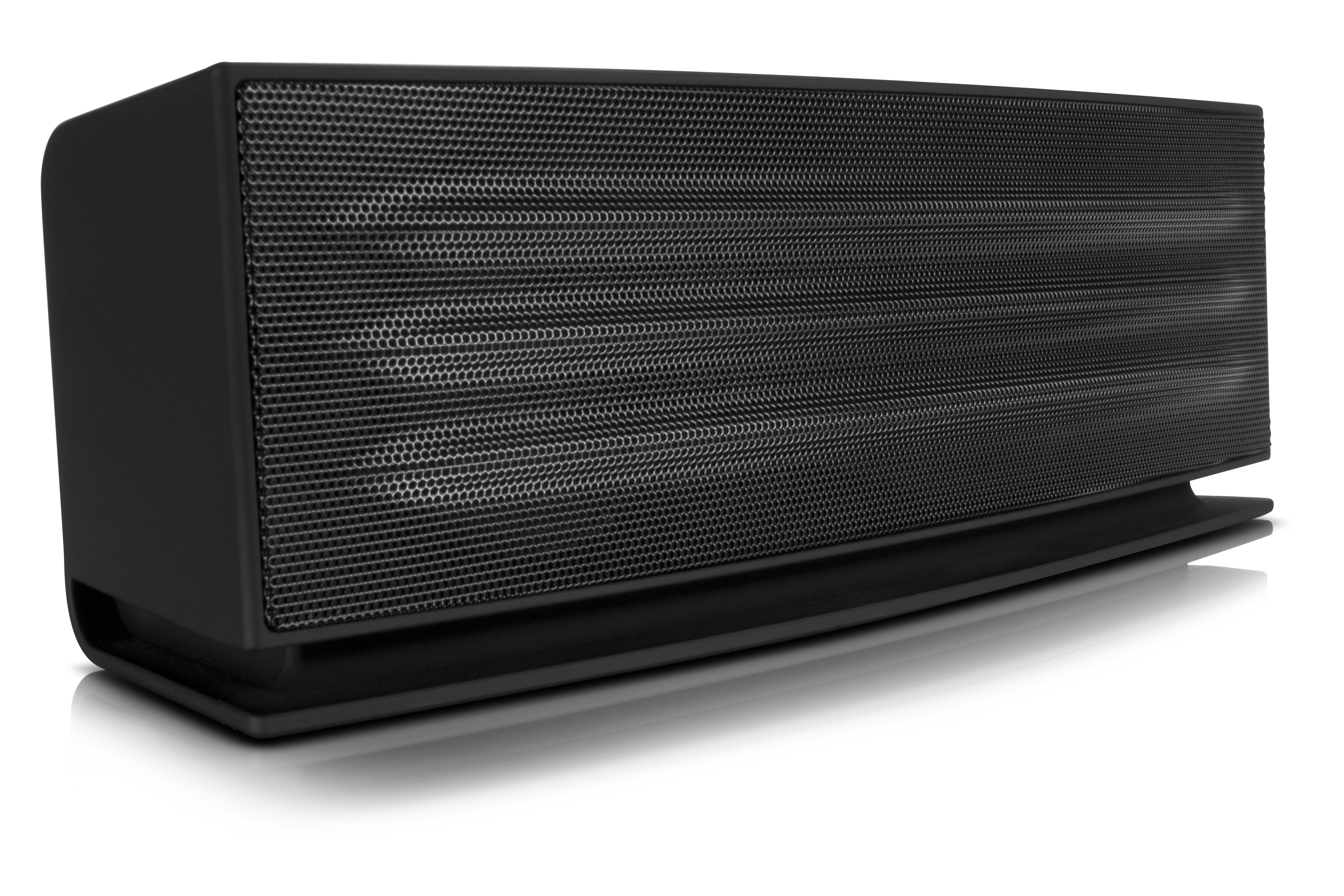 Schwarzer, rechteckiger Bluetooth-Lautsprecher mit modernem Design auf weißem Hintergrund