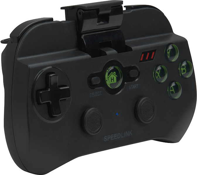 Schwarzer SPEEDLINK Gamecontroller mit Smartphone-Halterung und grünen Tasten, geeignet für mobiles und PC-Gaming