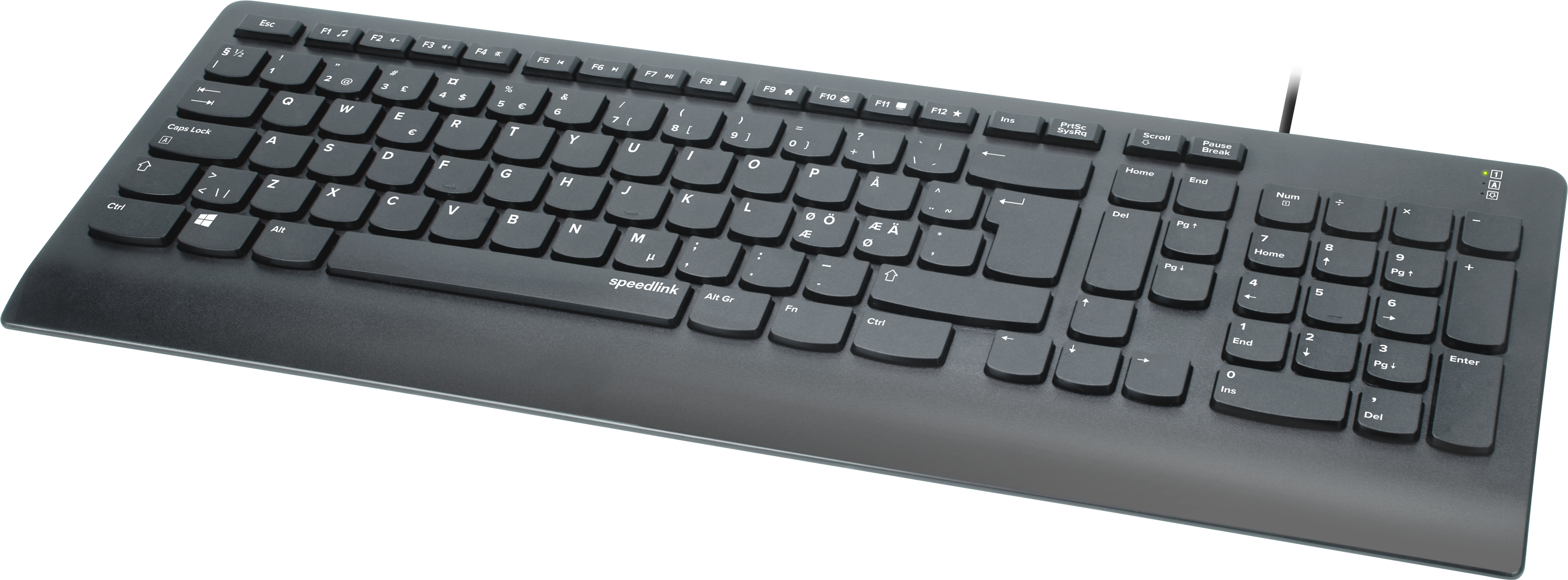 Schwarze kabelgebundene Speedlink Tastatur mit flachen Tasten und deutschem Layout, inklusive Ziffernblock