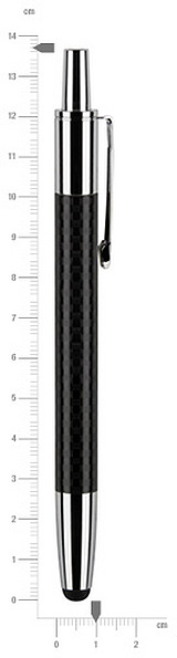 Kugelschreiber in Carbon-Optik mit silbernem Clip und Spitze neben einem cm-Lineal, Länge 14 cm