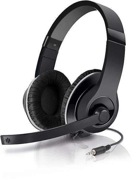 Modernes schwarzes Headset mit gepolsterten Ohrmuscheln, Mikrofonbügel und 3,5mm Klinkenstecker