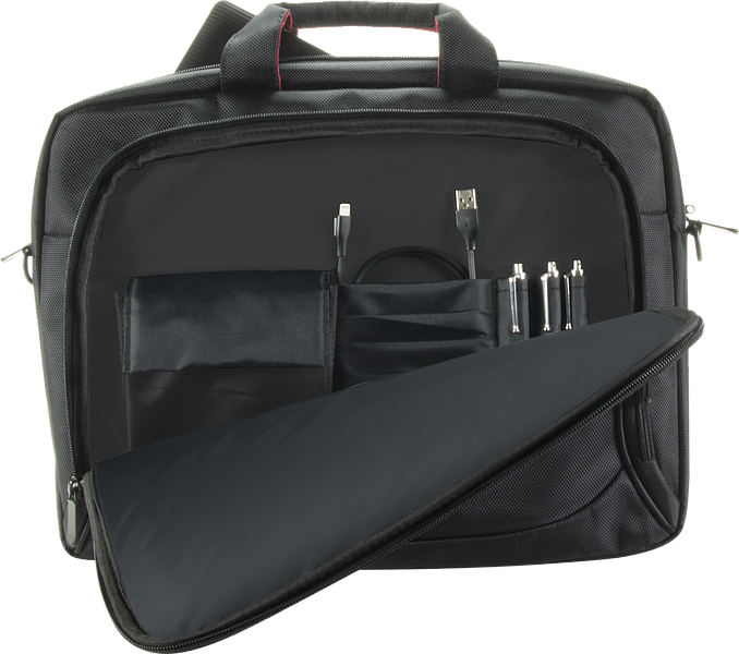 Geöffnete schwarze Laptoptasche mit extra Innenfächern für Kabel, USB-Stick, Stifte und weiteres Zubehör