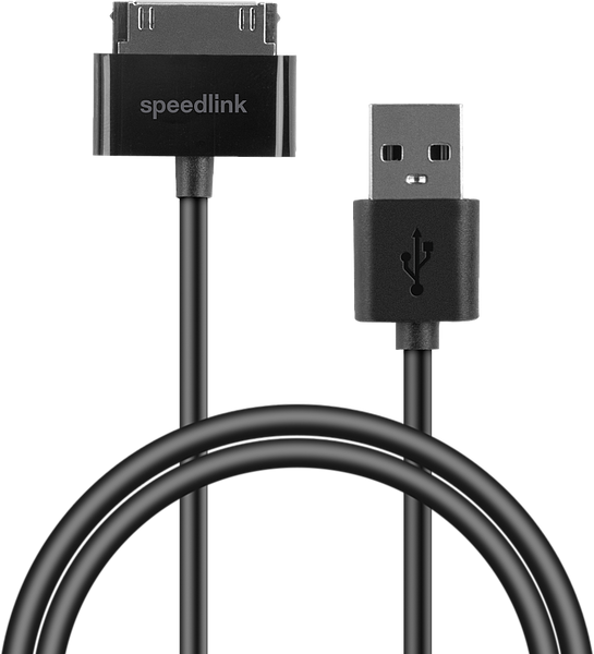 Schwarzes USB zu 30-Pin-Kabel von speedlink, geeignet zum Laden und Synchronisieren von älteren Apple-Geräten wie iPhone, iPad und iPod