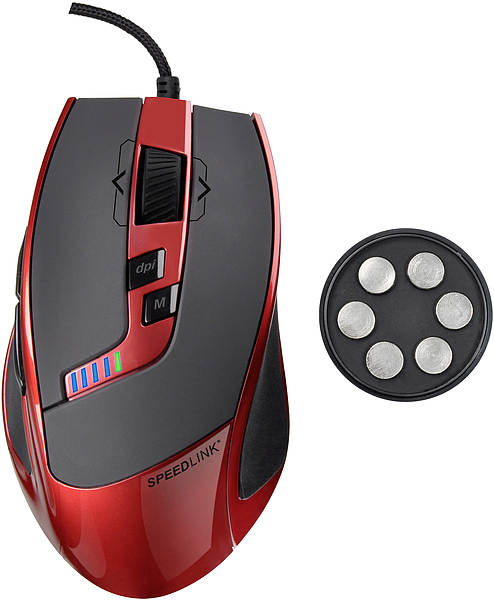 Rote Speedlink Gaming-Maus mit Kabel und sechs zusätzlichen Gewichten für individuelle Anpassung
