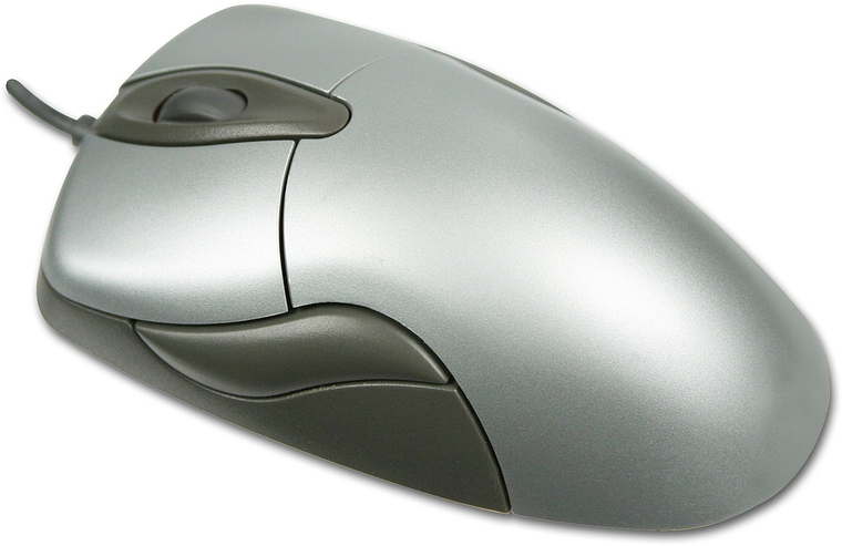 Silberne kabelgebundene Computer-Maus mit ergonomischem Design und Scrollrad, seitliche Ansicht