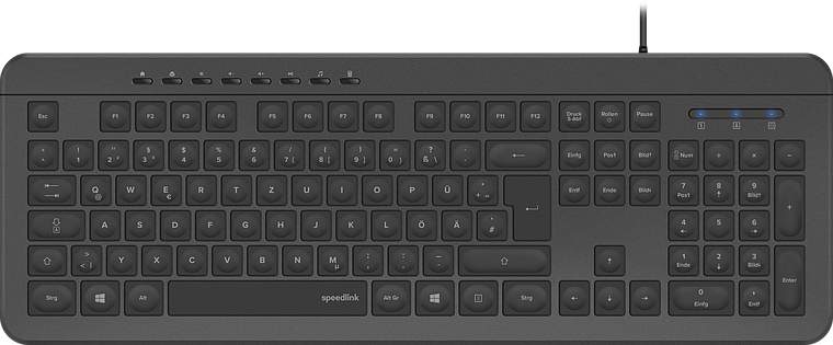 Schwarze Speedlink-Tastatur mit deutschem QWERTZ-Tastenlayout und Ziffernblock, kabelgebunden