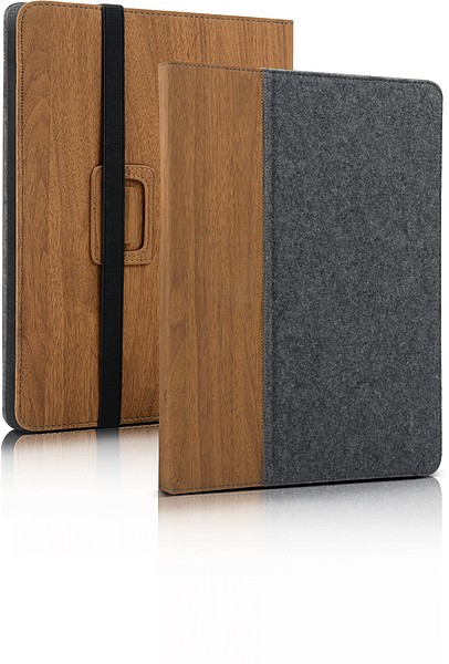 Zwei Tablet-Hüllen, kombiniert aus braunem Holz und grauem Filz, eine mit schwarzem Gummiband, im modernen Stil