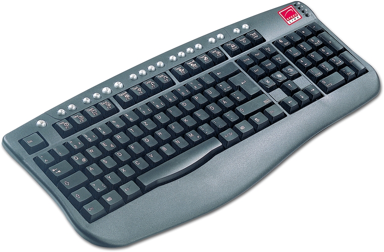 Abbildung einer ergonomischen Computer-Tastatur mit zusätzlichen Medientasten und Handballenauflage in schwarzem Design