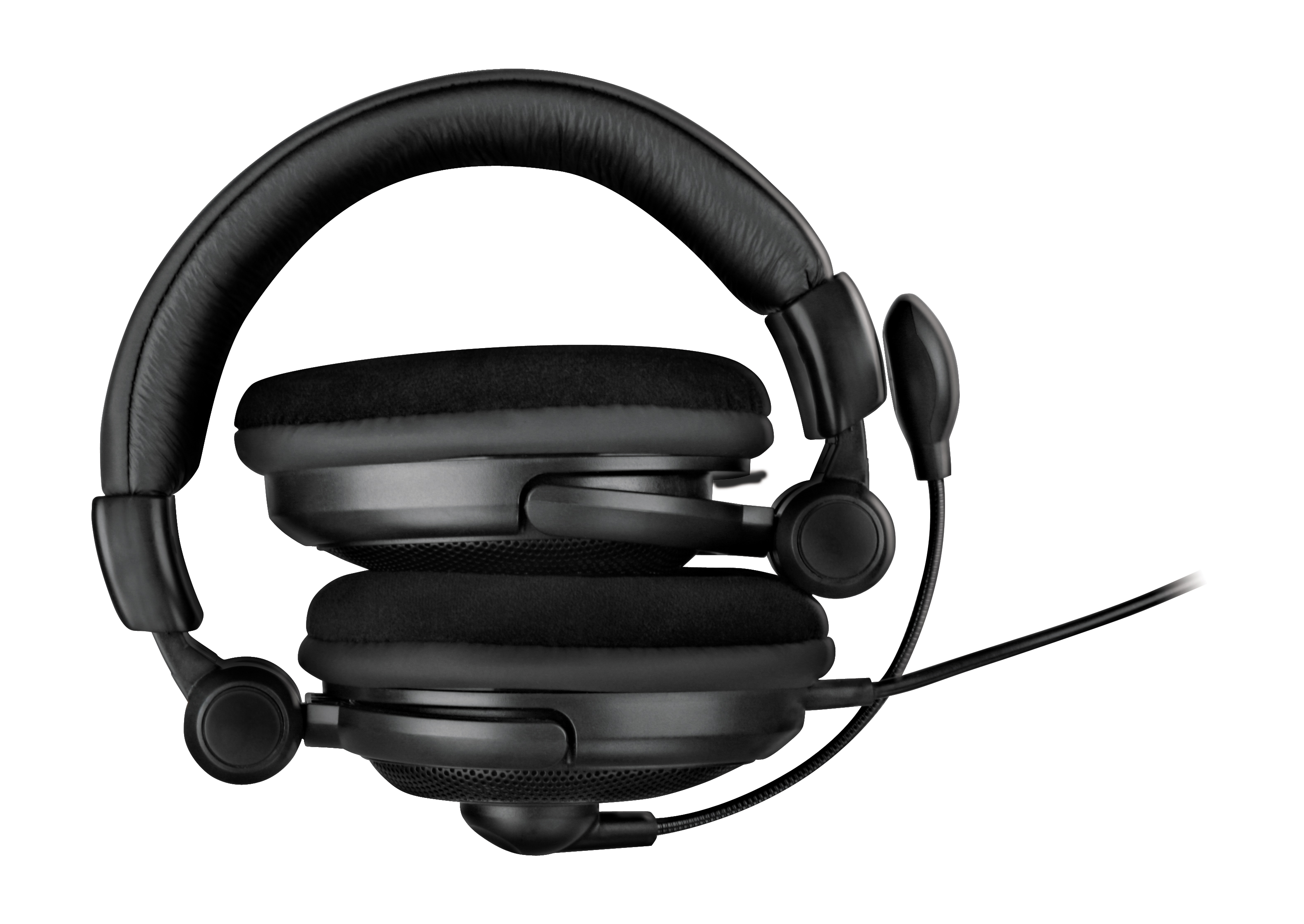 Schwarzes Over-Ear-Headset mit Mikrofon und gepolstertem Kopfbügel vor weißem Hintergrund