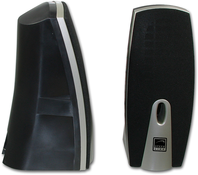 Zwei Speedlink Computerlautsprecher in Schwarz und Silber, eine Frontal- und eine Seitenansicht, modernes, kompaktes Design
