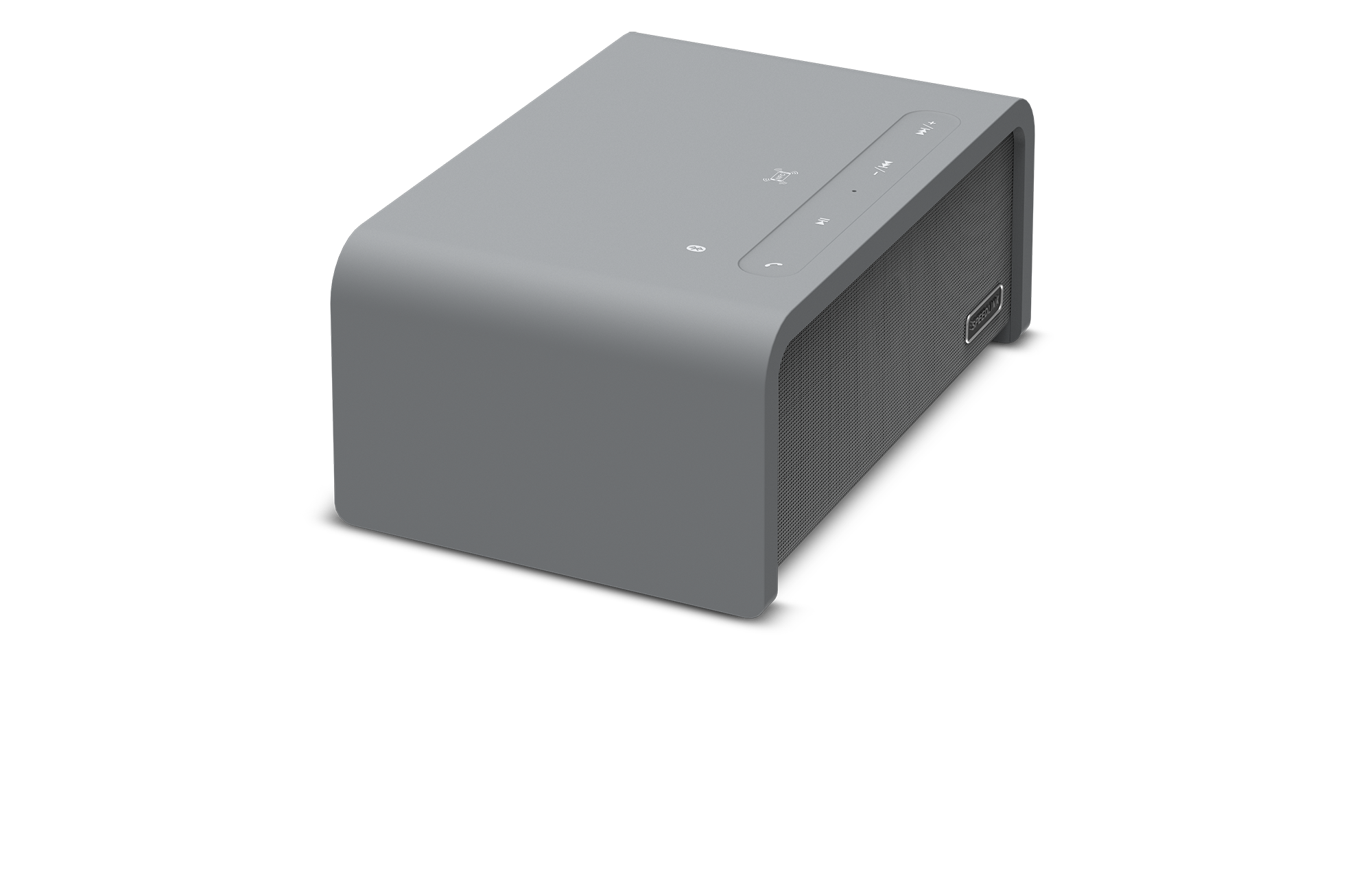 Kabelloser Bluetooth-Lautsprecher in elegantem grauem Design, seitliche Ansicht mit sichtbarem Bedienfeld und Anschlüssen