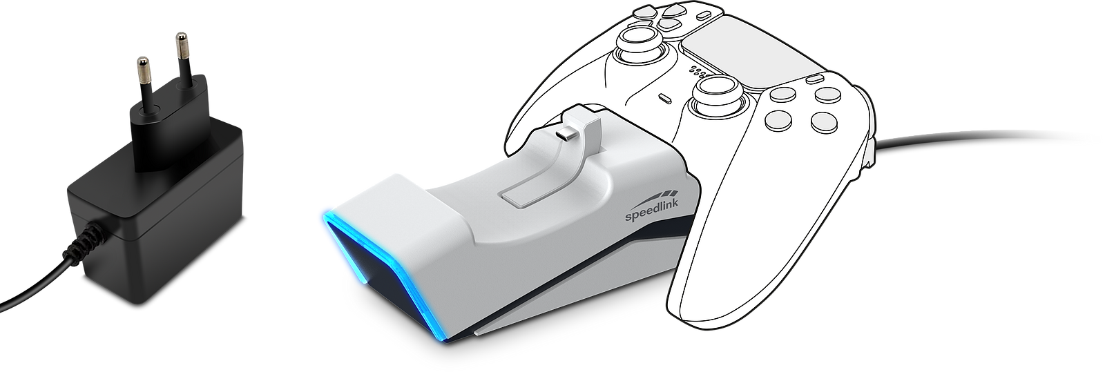 Speedlink Ladestation mit leuchtender Kante und Stromadapter lädt einen Spielecontroller auf