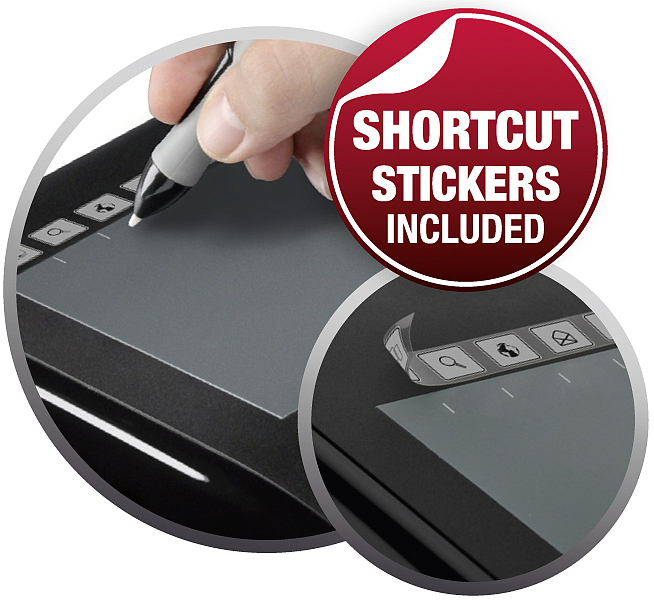 Detailaufnahme eines Grafiktabletts mit Shortcut-Stickern und Stift, Aufkleber für Schnellzugriffe inkludiert