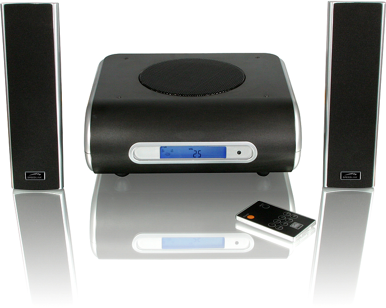 Schwarzes SPEEDLINK Sound-System mit Subwoofer, zwei schlanken Lautsprechern und Fernbedienung auf reflektierender Oberfläche