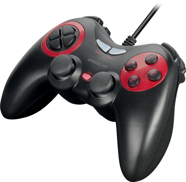 Schwarzer Gamecontroller mit Kabel und roten Tasten, geeignet für Computerspiele und Konsolen