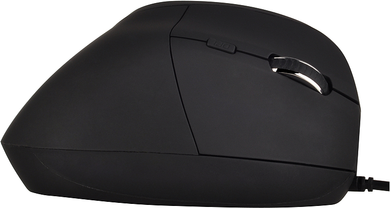 Schwarze ergonomische vertikale Maus mit Kabel, seitliche Ansicht