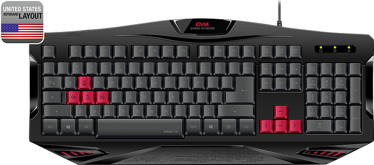 Schwarze Gaming-Tastatur im US-Layout mit markierten roten WASD- und Pfeiltasten, ideal für Computerspiele