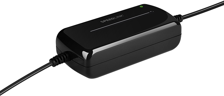 Schwarzes externes SPEEDLINK Netzteil mit LED-Anzeige und Anschlusskabeln, geeignet für verschiedene elektronische Geräte