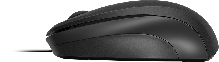 Seitliche Ansicht einer schwarzen kabelgebundenen Computermaus auf weißem Hintergrund