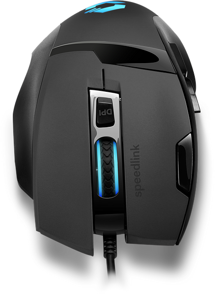 Schwarze kabelgebundene Gaming-Maus von oben mit beleuchtetem Scrollrad, seitlichen Tasten und DPI-Schalter