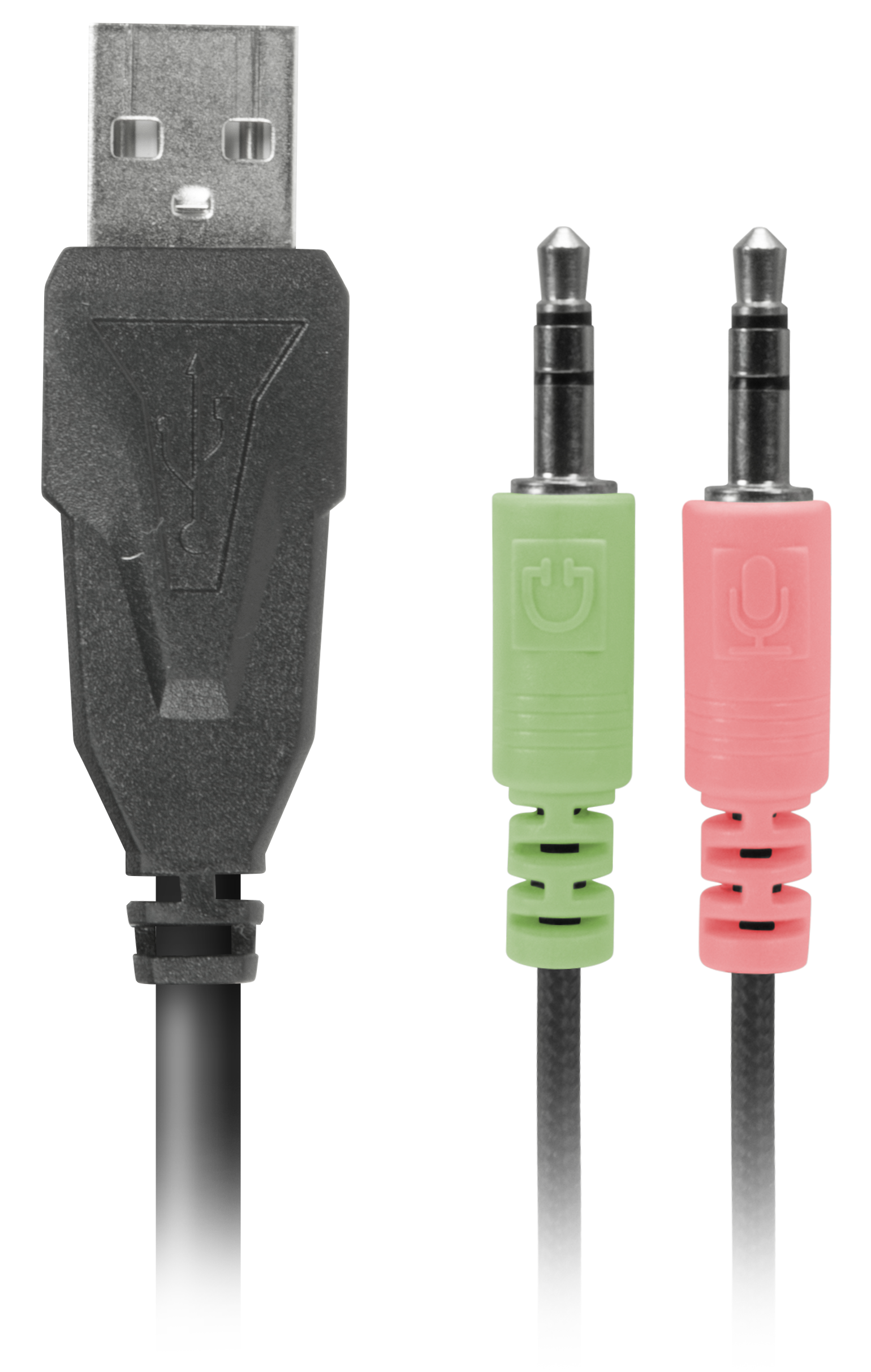 Nahaufnahme eines USB-Steckers neben einem grünen 3,5mm-Kopfhörer- und einem roten 3,5mm-Mikrofon-Klinkenstecker