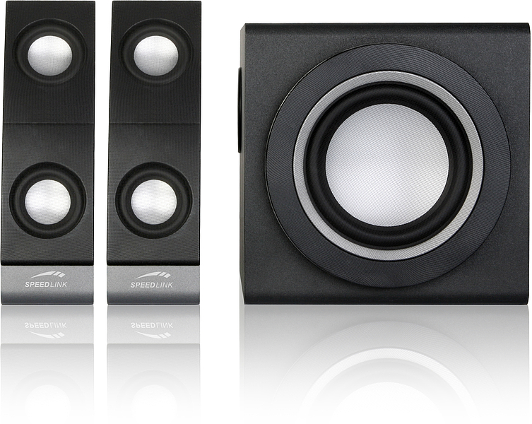 Abgebildet ist ein SPEEDLINK 2.1 Lautsprechersystem in Schwarz mit zwei Satellitenlautsprechern und einem zentralen Subwoofer.