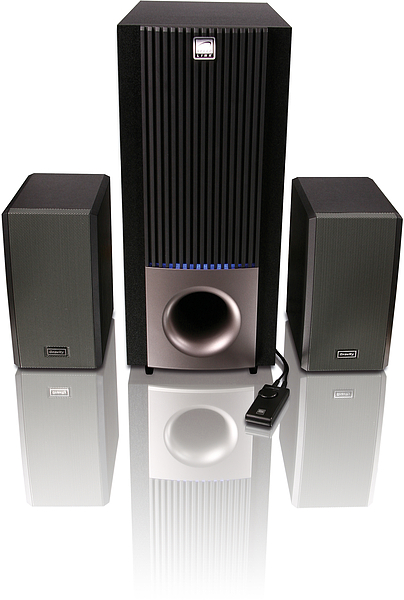 Schwarzes 2.1 Lautsprechersystem bestehend aus einem großen Subwoofer in der Mitte und zwei kompakten Satellitenlautsprechern, ideal für Heimgebrauch oder PC