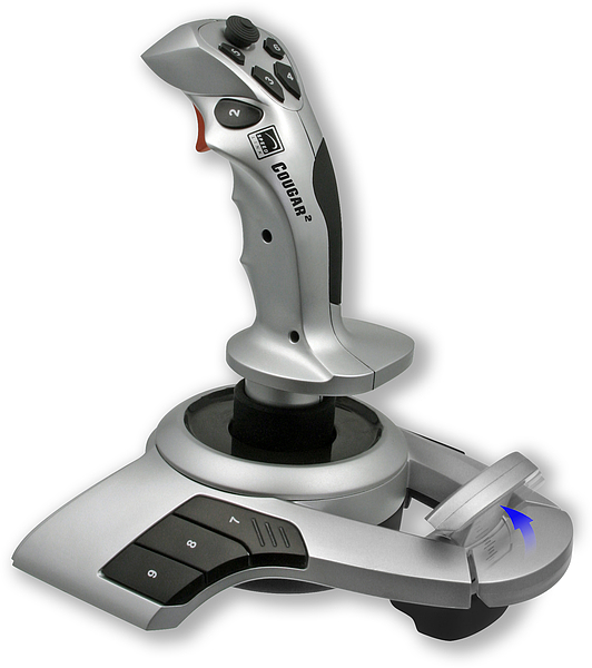 Silberner Joystick Cougar 2 mit Griff und Tasten, geeignet für Flugsimulatoren und Computerspiele