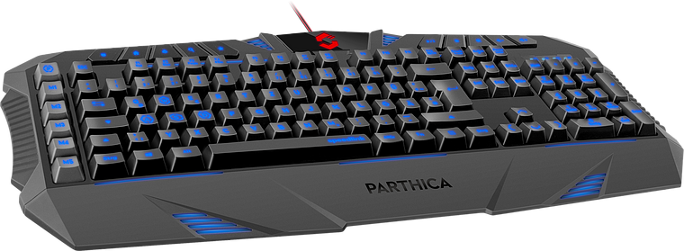 Schwarze Gaming-Tastatur Parthica mit blauer Hintergrundbeleuchtung und extra Funktionstasten