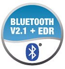 Rundes Symbol mit Aufschrift 'Bluetooth V2.1 + EDR' und Bluetooth-Logo, kennzeichnet Bluetooth-Technologie