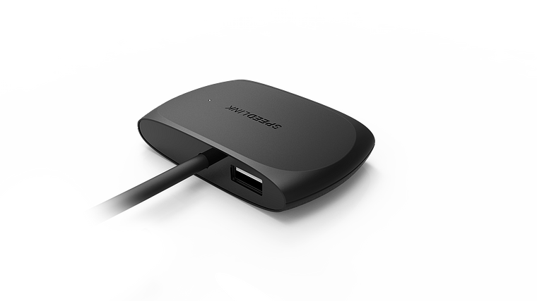 Schwarzer SPEEDLINK USB-Hub mit einem USB-Anschluss und angeschlossenem Kabel, geeignet für Computerzubehör
