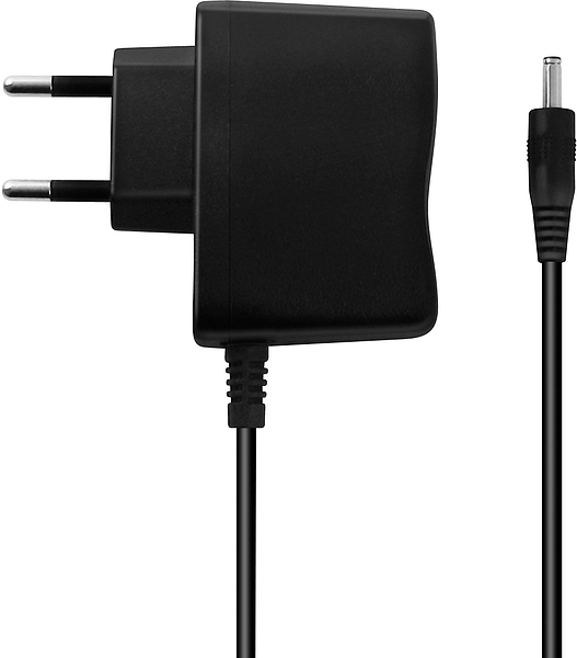 Abbildung eines schwarzen Netzteils mit Eurostecker und Kabel, geeignet zum Laden und Betreiben elektronischer Geräte