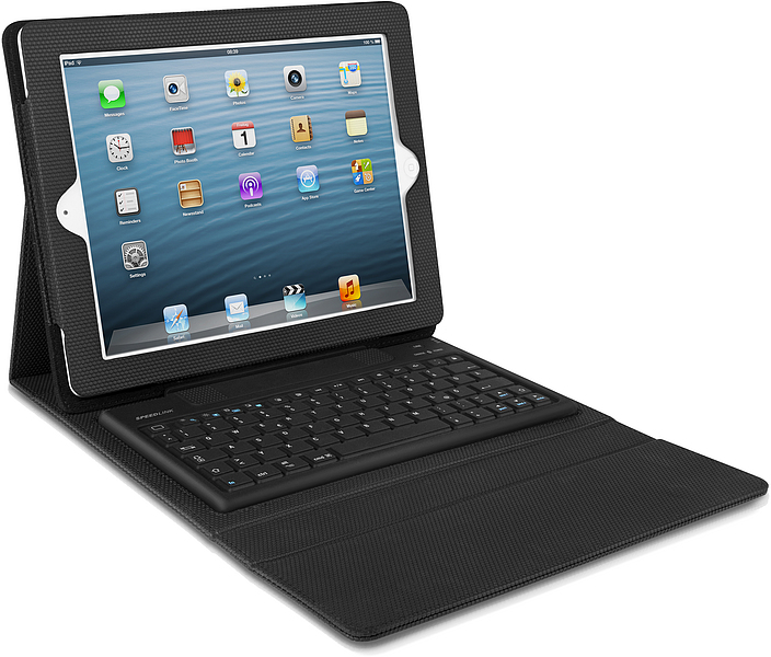 Ein Tablet in einer schwarzen Schutzhülle mit integrierter Tastatur, ideal zum Tippen unterwegs