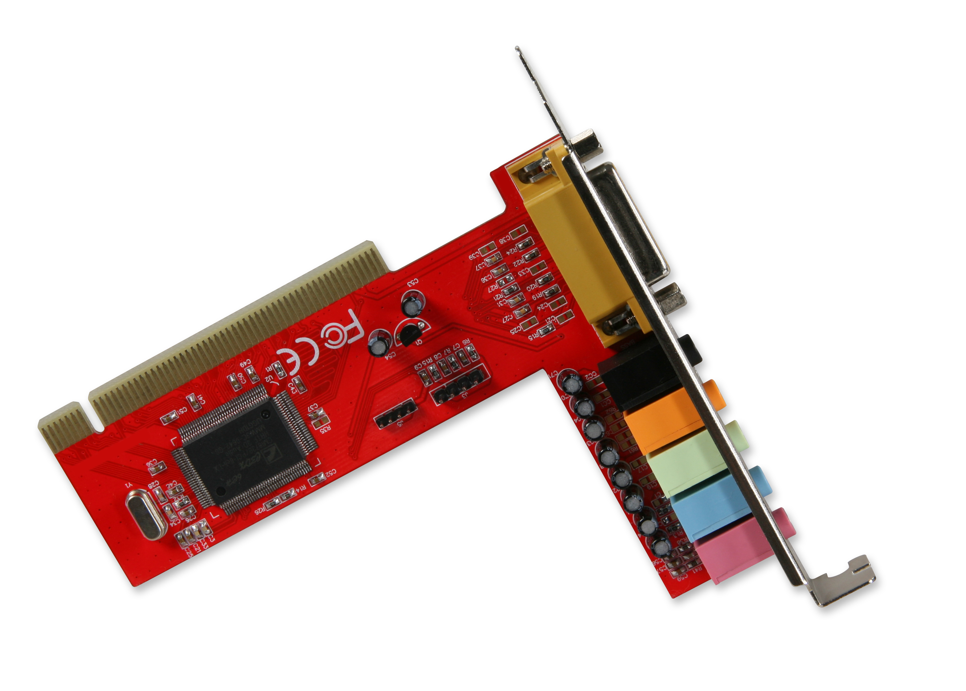 Rote PCI Soundkarte mit verschiedenen farbigen Audioanschlüssen und einem Chip, ideal für Desktop-PCs