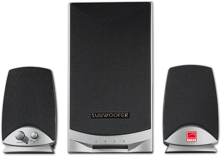 Schwarz-silbernes 2.1 Lautsprechersystem bestehend aus einem großen Subwoofer und zwei kleineren Satellitenlautsprechern