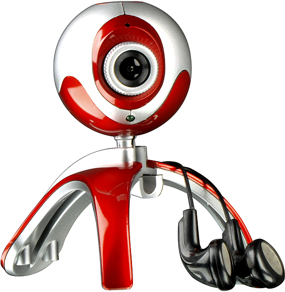 Webcam in rot und silber auf drei Beinen mit Kopfhörern, geeignet für Online-Meetings und Video-Chats