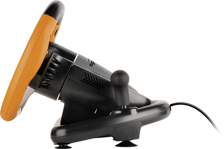 Seitenansicht eines Gaming-Lenkrads mit orangem Griff, integriertem Schalthebel und Kabel, geeignet für Computerspiele