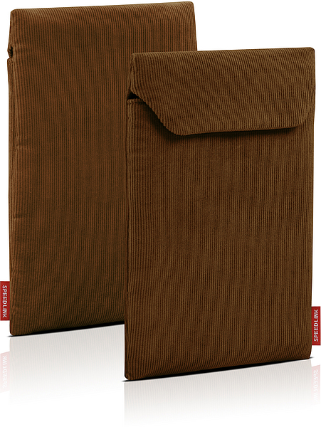 Zwei braune, textile Schutzhüllen von SPEEDLINK für Tablets oder Notebooks, stehend nebeneinander