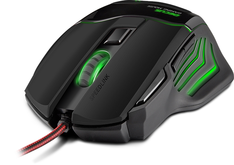 Schwarze kabelgebundene Gaming-Maus mit LED-Beleuchtung und seitlichen grünen Akzenten