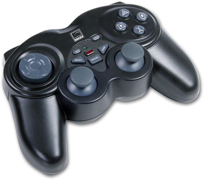 Schwarzer Gamecontroller mit zwei Joysticks, Steuerkreuz und mehreren Tasten, geeignet für PC oder Spielekonsole