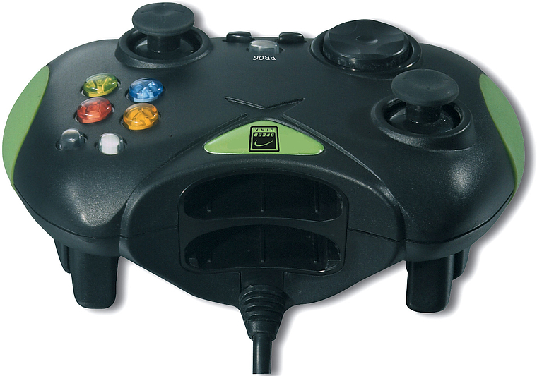 Schwarzer kabelgebundener Xbox Controller mit zwei Analogsticks, farbigen Tasten und grünen Seitenelementen, Vorderansicht