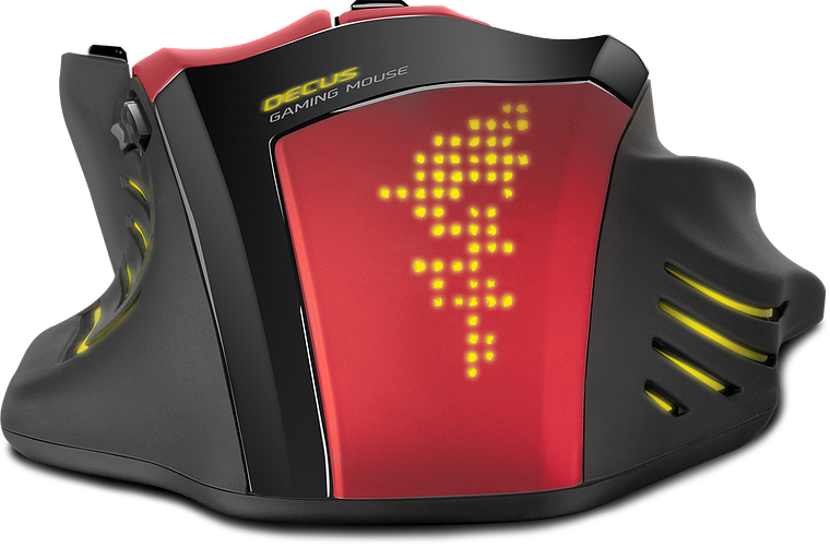 Ergonomische DECUS Gaming-Maus mit roter und schwarzer Oberfläche sowie gelber LED-Beleuchtung