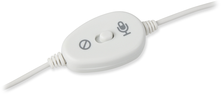 Nahaufnahme eines weißen Kabelschalters mit Mikrofon- und Stummschaltsymbol zur Steuerung eines Mikrofons