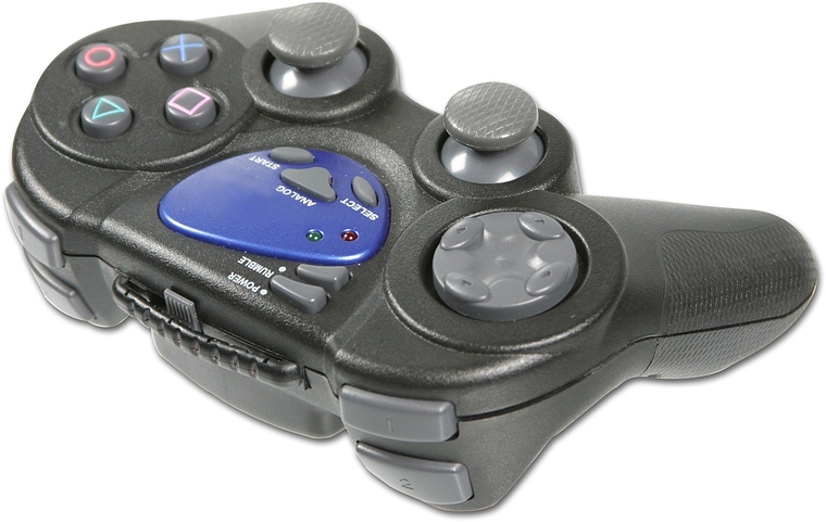 Schwarzer kabelloser Gamecontroller mit blauen Bedienelementen, zwei Analogsticks, Steuerkreuz und Funktionstasten