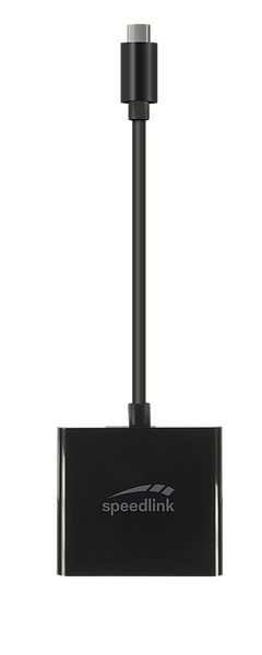 Abbildung eines schwarzen Speedlink USB-C zu HDMI Adapters zum einfachen Anschluss von Bildschirmen