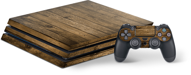 Moderne Spielkonsole mit passendem Controller, beide mit einem dekorativen Holz-Design beklebt