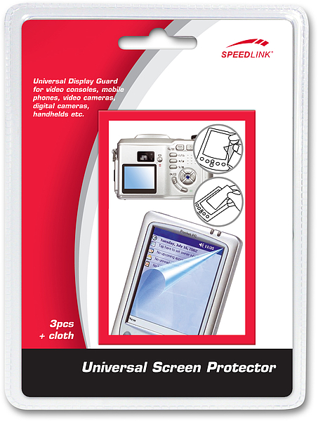 Verpackung der SPEEDLINK Universal Displayschutzfolie mit Beispielanwendungen für Digitalkameras und tragbare Geräte, 3 Schutzfolien und Reinigungstuch enthalten