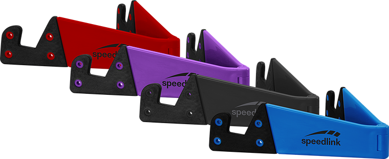 Verschiedene Speedlink Controller-Halterungen in Rot, Lila, Schwarz und Blau für die sichere Aufbewahrung von Gamepads