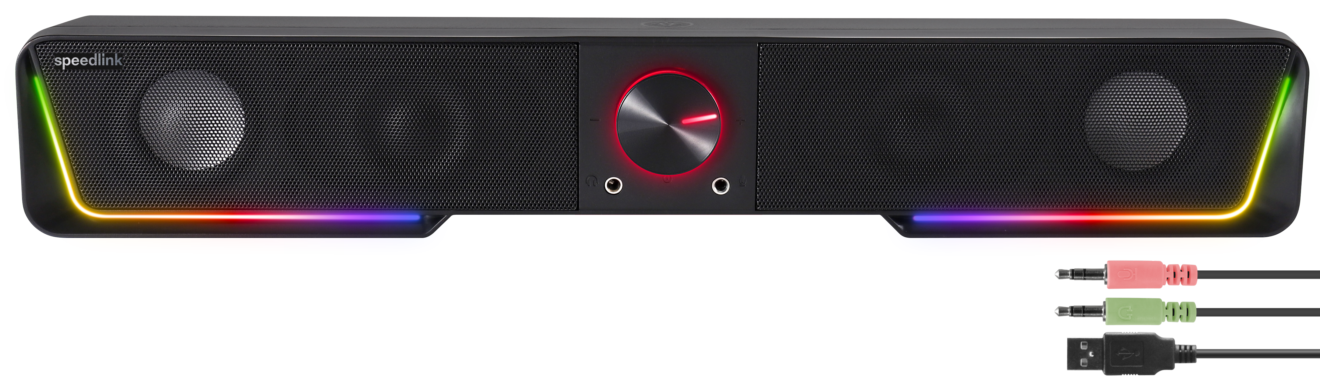 Soundbar-Lautsprecher von Speedlink mit RGB-Beleuchtung, großem Lautstärkeregler und Anschlusskabeln für PC, ideal für Gaming und Multimedia