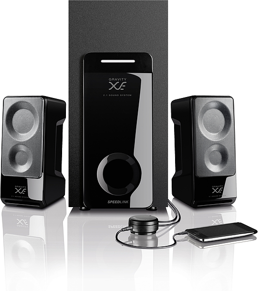2.1 Lautsprechersystem Speedlink GRAVITY XE mit Subwoofer, zwei Satellitenlautsprechern und verbundenem Smartphone auf weißem Hintergrund